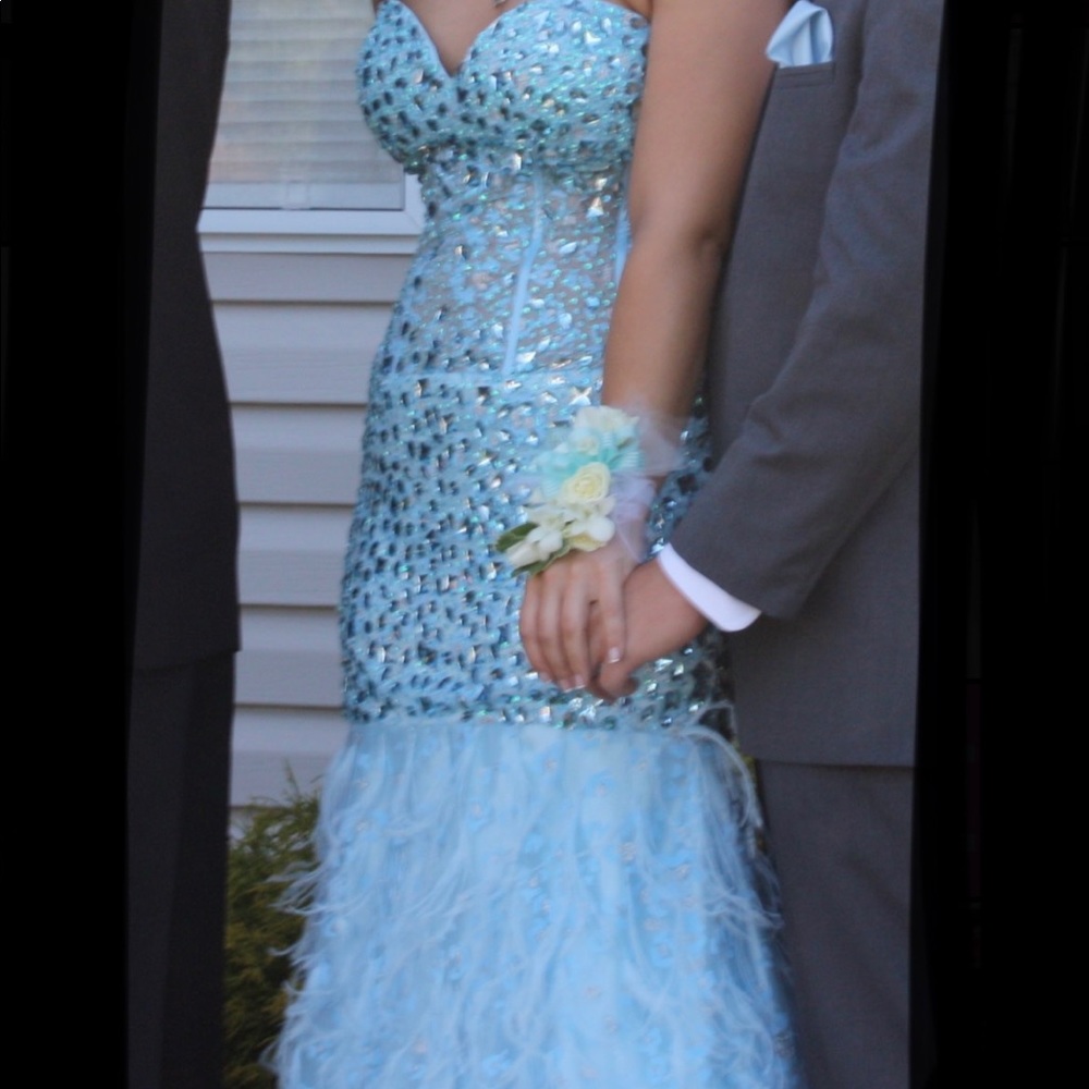 Jovani Blue Beaded Mermaid Prom Dress w/ mesh boned mid section & feather bottom